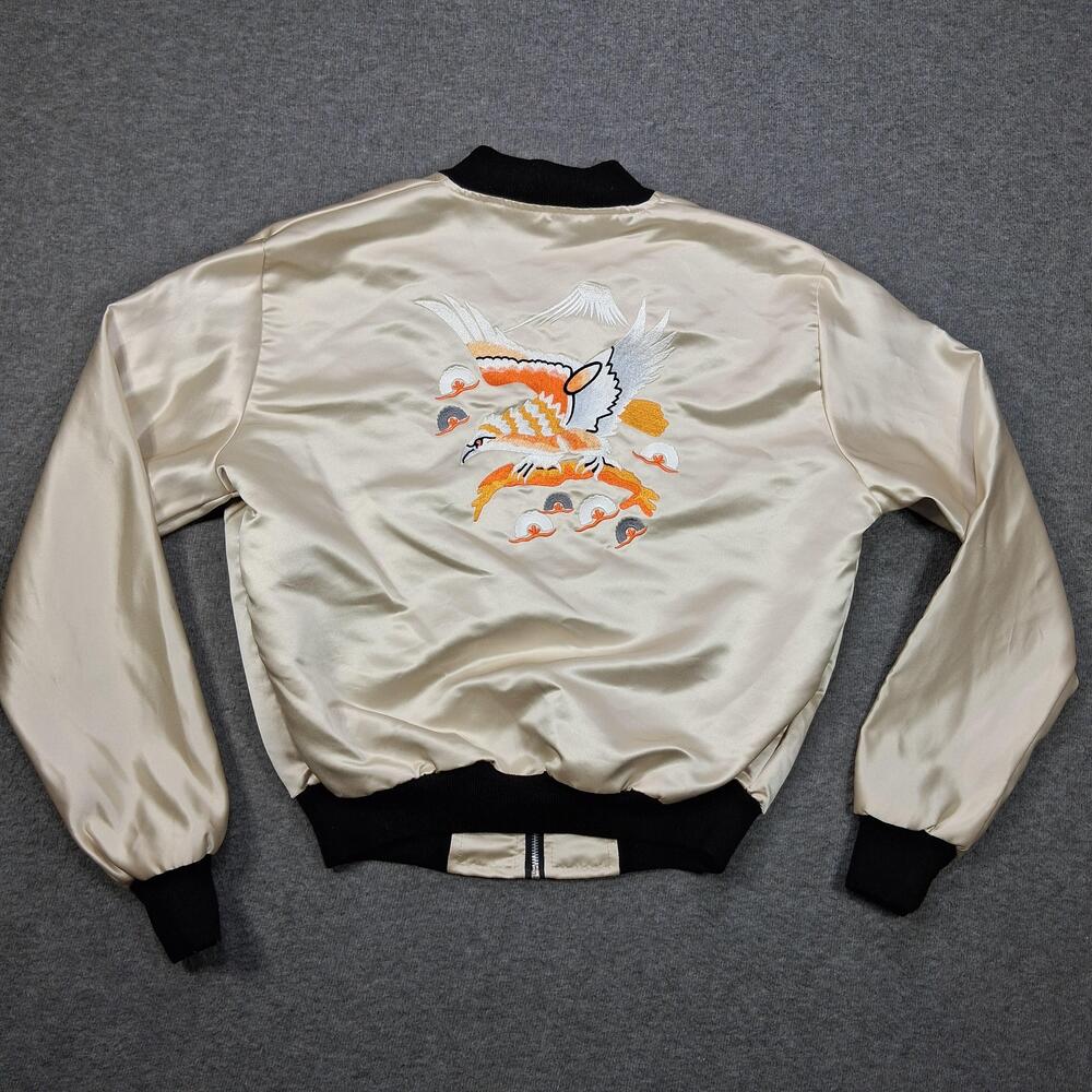 Urban Outfitters Jacket Women L White Satin Bomber Zip Embroidered Bird England